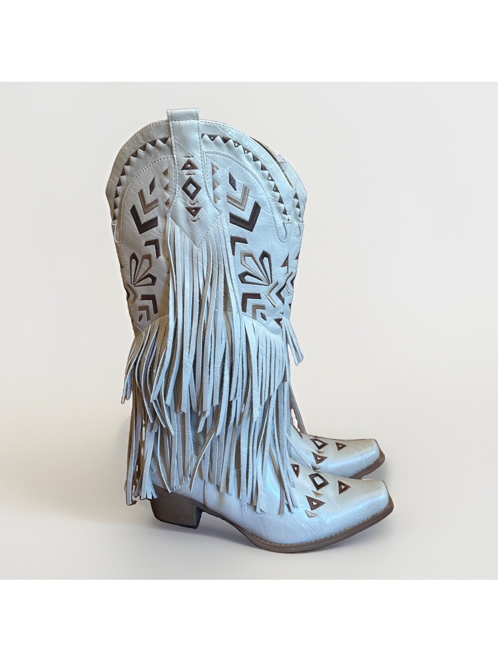 Light Beige Country Western Fringe Cowgirl Mid Calf Boots Embroidered Aztec Sz 9